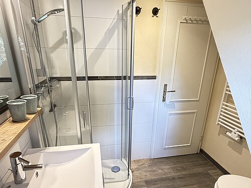 Blick durch das Badezimmer mit Runddusche, Waschbecken, WC und Handtuchheizkörper neben der Tür