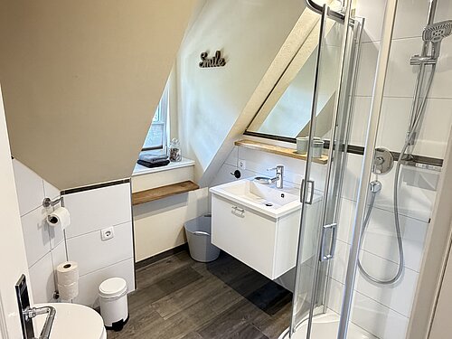 Badezimmer unter der Dachschräge mit gläserner Runddusche, Waschtisch, Spiegel, WC und Fenster